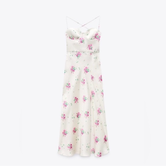 Zara satin midi dress white with pink florals size M 7596/479 - Picture 3 of 8